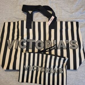 Victoria's Secret Black and White Striped Tote with Pouch